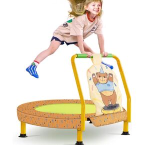 36inch Mini Trampoline for Kids Toddler Ages 3-10 with Adjustable Handle Bar, Foldable Small Trampoline Indoor Outdoor with Super Safety Pad & Durable Steel Frame, Yellow