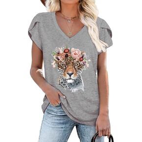 IHAOIZ Womens Flamingo Print Tops Summer Sexy V Neck Petal Sleeve Casual Tee Tshirts S-3XL in Kuwait