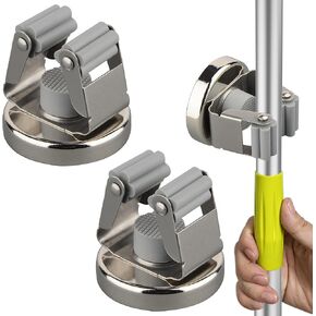 ULIBERMAGNET Magnetic Mop Broom Holder,Heavy Duty Movable Magnetic Tools Holder,Anti-slip Magnetic Mounted Utility Storage Mop Shovel Hanger for Garage, Kitchen, Laundry, Garden(2 Pack/Silver)