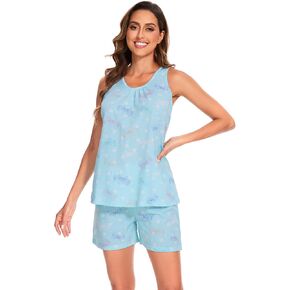 CHUNG Women's Cute Cotton Pajama Set Cartoon Tank Tee Shorts Sleepwear Summer Plus Size Stripe Shoties