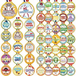 Nosiny 50 Pcs Cute Baseball Award Medals for Kids Bulk with 50 Styles Award Stickers 1.5 Inches Baseball Neck Ribbon Medals Trophy for Toddler Preschool Kindergarten Award from School Teacher Coach