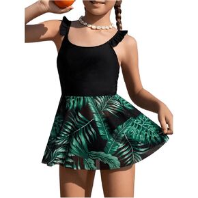Verdusa Girl's Tankini Swimsuit Two Piece Tropical Print Swim Dress and Bikini Bottom