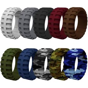 Silicone Wedding Ring for Men, 10 Pack 9 mm Wide Tire Grain Sports Rubber Bands - Safe, Comfortable, Stylish