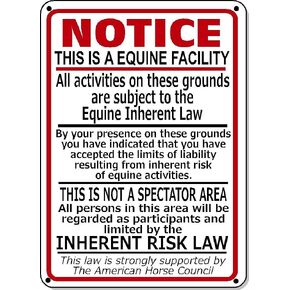 Supplemental Equine Liability Tin Sign Warning Statute Horse Barn Stable