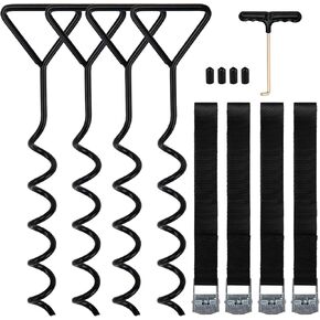 Trampoline Tie Down Anchor Kit, Corkscrew Shape Steel Trampoline Stakes Anchors High Wind Heavy Duty, Trampoline Tie Downs with T Hook for Trampolines, Spiral Ground Stakes (Set of 4)