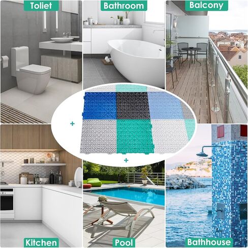 Interlocking Cushion Anti Fatigue Pool Floor Mat 12 Pack Heavy Duty Interlocking Floor Tiles Mats 11.8" x 11.8" for Drain, Pool, Patio, Balcony, Yard, Non-Slip Floor Mats Black in Saudi Arabia