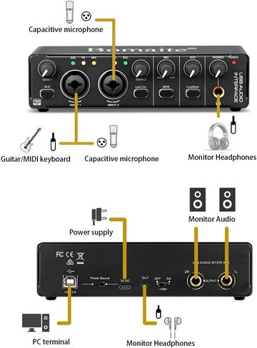واجهة صوت (24 بت/192 كيلو هرتز) مع معدات بودكاست لميكروفون مكثف، حزمة استوديو التسجيل، واجهة صوت للكمبيوتر المحمول، مدونة فيديو، بث حي، بث مباشر، يوتيوب تيك توك in Kuwait