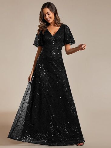 فساتين سهرة طويلة نسائية من Ever-Pretty على شكل حرف A وأكمام قصيرة ورقبة على شكل V 02120 in Kuwait