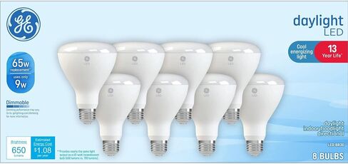مصابيح GE Daylight LED Floodlight، 9 وات (ما يعادل 65 وات) ضوء منشط رائع، قاعدة متوسطة، داخلي، قابل للتعتيم (8 عبوات) in Kuwait