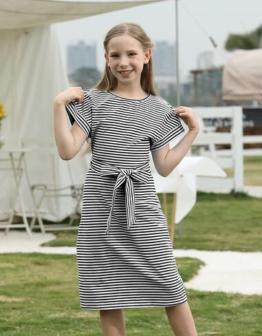فستان KYMIDY للفتيات صيفي مخطط للأطفال بأكمام قصيرة كاجوال بحزام للفتيات، من 7 إلى 16 سنة in Kuwait