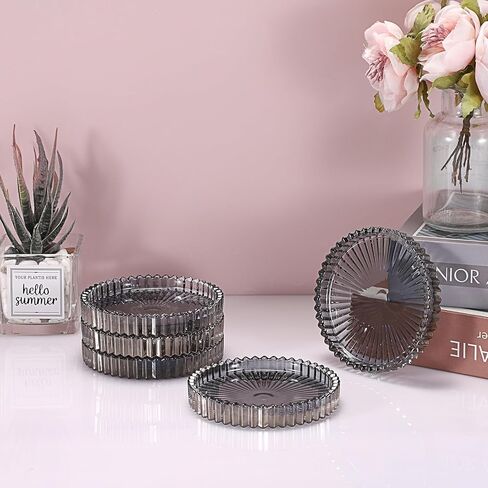 5 قطع من أطباق الشموع الزجاجية الشفافة من OWNMY مقاس 10.16 سم، قواعد شموع زجاجية عمودية، صواني شموع مستديرة، ألواح شموع عمودية زجاجية حديثة لقطع مركزية لطاولات الزفاف، باللون الأسود in Kuwait