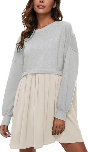 Flygo Womens Oversized Sweatshirt Dress Crewneck Patchwork Long Sleeve Pullover Tunic Flowy Pleated Mini Dresses in Saudi Arabia