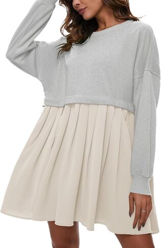 Flygo Womens Oversized Sweatshirt Dress Crewneck Patchwork Long Sleeve Pullover Tunic Flowy Pleated Mini Dresses in Saudi Arabia