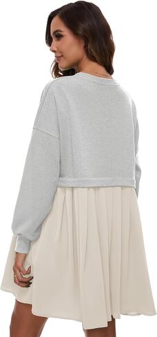 Flygo Womens Oversized Sweatshirt Dress Crewneck Patchwork Long Sleeve Pullover Tunic Flowy Pleated Mini Dresses in Saudi Arabia