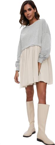 Flygo Womens Oversized Sweatshirt Dress Crewneck Patchwork Long Sleeve Pullover Tunic Flowy Pleated Mini Dresses in Saudi Arabia