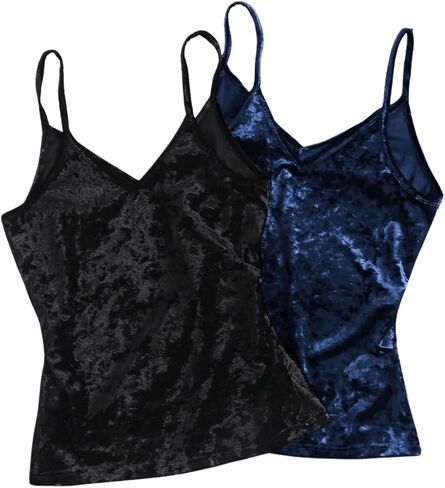 SOLY HUX Women's 2 Piece Velvet Cami Top V Neck Spaghetti Strap Solid Tops in Saudi Arabia