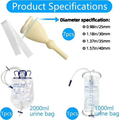 مجموعة 7 قطع من الواقي الذكري اللاتكس، ذاتية الغلق، ذاتية اللصق، سهلة الارتداء، حقيبة ساق 500 مل *1، كيس بول 2000 مل *1، تصريف سهل، لا ارتداد، لا تسرب (7 قطع/35 مم/1.38 بوصة) in Kuwait