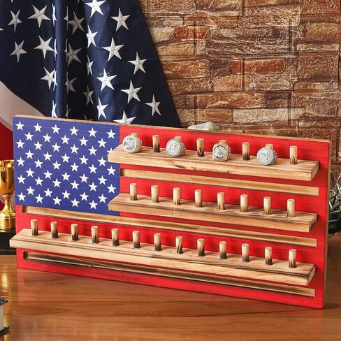 Championship Ring Wooden Display Case Baseball Ring Holder 4th of July Wall Mounted Display Case Patriotic Independence Day Display Rack for Award Souvenirs Wall Decor, 24 x 12 x 0.8 Inches in Saudi Arabia