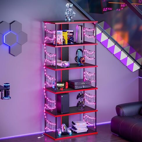 Bestier Lego Display Shelves for Storage and Collection Display, Gaming Console Stand Shelf with LED Strip, 12 Hooks, and 4 Tier Carbon Fiber Board, Decor for Bedroom, Boys, Men Game Room, Black Red in Saudi Arabia
