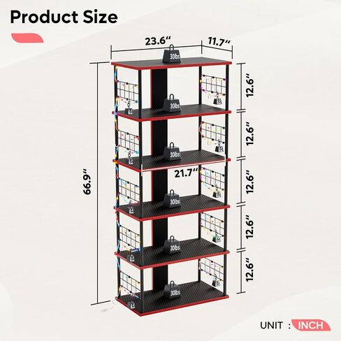 Bestier Lego Display Shelves for Storage and Collection Display, Gaming Console Stand Shelf with LED Strip, 12 Hooks, and 4 Tier Carbon Fiber Board, Decor for Bedroom, Boys, Men Game Room, Black Red in Saudi Arabia