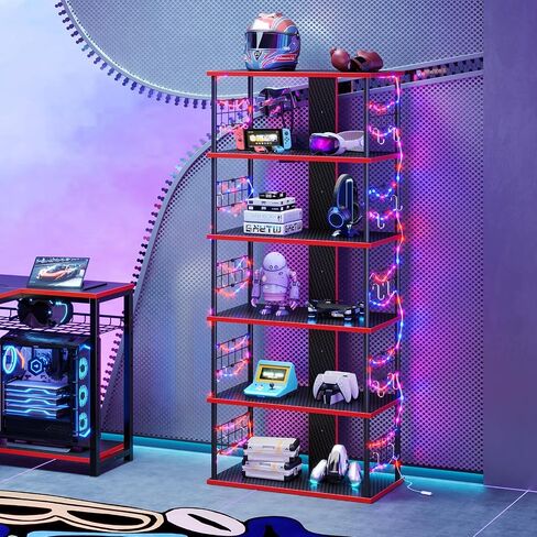 Bestier Lego Display Shelves for Storage and Collection Display, Gaming Console Stand Shelf with LED Strip, 12 Hooks, and 4 Tier Carbon Fiber Board, Decor for Bedroom, Boys, Men Game Room, Black Red in Saudi Arabia