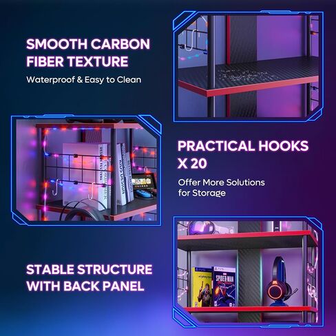 Bestier Lego Display Shelves for Storage and Collection Display, Gaming Console Stand Shelf with LED Strip, 12 Hooks, and 4 Tier Carbon Fiber Board, Decor for Bedroom, Boys, Men Game Room, Black Red in Saudi Arabia