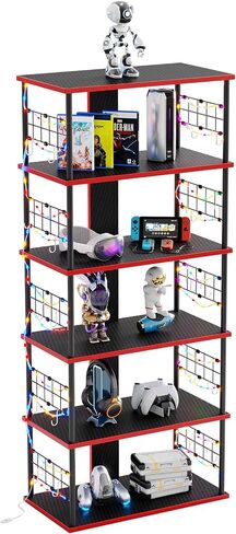 Bestier Lego Display Shelves for Storage and Collection Display, Gaming Console Stand Shelf with LED Strip, 12 Hooks, and 4 Tier Carbon Fiber Board, Decor for Bedroom, Boys, Men Game Room, Black Red in Saudi Arabia