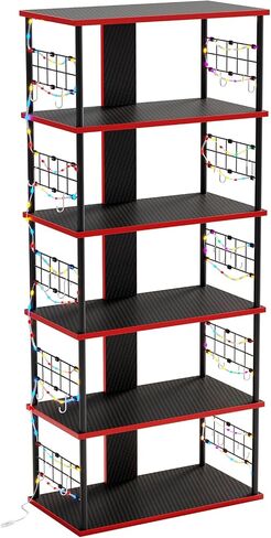 Bestier Lego Display Shelves for Storage and Collection Display, Gaming Console Stand Shelf with LED Strip, 12 Hooks, and 4 Tier Carbon Fiber Board, Decor for Bedroom, Boys, Men Game Room, Black Red in Saudi Arabia