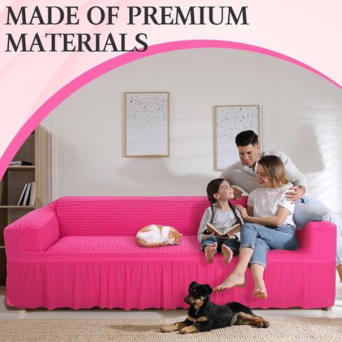 Hot Pink Couch Cover Stretch Pink Sofa Cover for 3 Cushion Sofa Slipcover with Skirt Durable Washable Universal High Elastic Furniture Protector for Kids Pets in Saudi Arabia