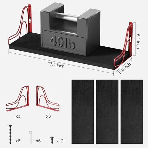 مجموعة أرفف عائمة من SRIWATANA مثبتة على الحائط مكونة من 3 قطع، رف خشبي للتخزين والديكور للحمام وغرفة النوم وغرفة المعيشة والمطبخ وغرفة الغسيل (أسود - أحمر) in Kuwait