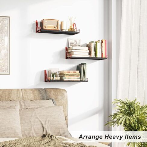 مجموعة أرفف عائمة من SRIWATANA مثبتة على الحائط مكونة من 3 قطع، رف خشبي للتخزين والديكور للحمام وغرفة النوم وغرفة المعيشة والمطبخ وغرفة الغسيل (أسود - أحمر) in Kuwait