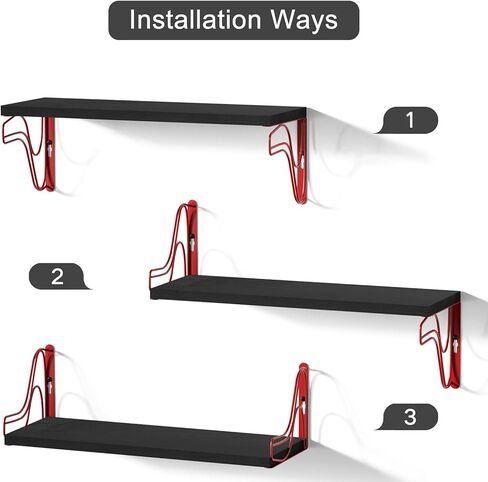 مجموعة أرفف عائمة من SRIWATANA مثبتة على الحائط مكونة من 3 قطع، رف خشبي للتخزين والديكور للحمام وغرفة النوم وغرفة المعيشة والمطبخ وغرفة الغسيل (أسود - أحمر) in Kuwait