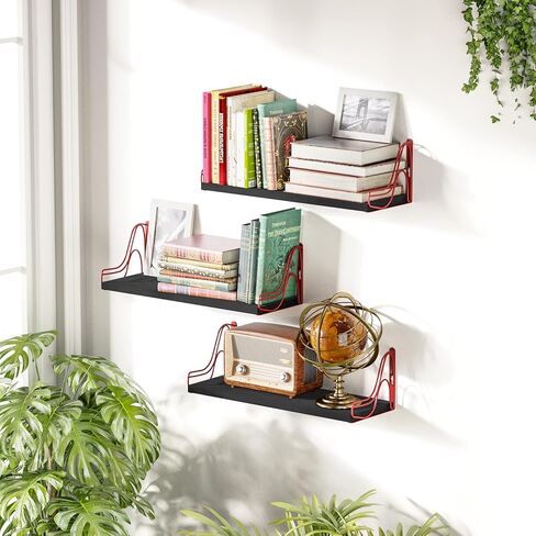 مجموعة أرفف عائمة من SRIWATANA مثبتة على الحائط مكونة من 3 قطع، رف خشبي للتخزين والديكور للحمام وغرفة النوم وغرفة المعيشة والمطبخ وغرفة الغسيل (أسود - أحمر) in Kuwait