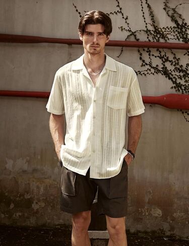 قمصان JOGAL للرجال صيفية من قماش الجاكار الكوبي Guayabera قمصان كاجوال بأزرار للأسفل وأكمام قصيرة قمصان شاطئ هاواي in Kuwait