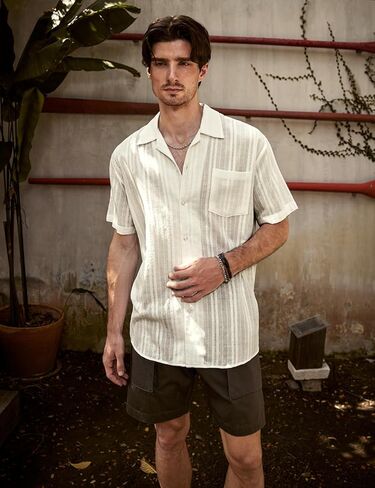 قمصان JOGAL للرجال صيفية من قماش الجاكار الكوبي Guayabera قمصان كاجوال بأزرار للأسفل وأكمام قصيرة قمصان شاطئ هاواي in Kuwait