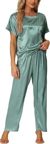 cheibear Womens Satin Pajamas Sleepwear Summer Outfits Short Sleeves Tops with Pants Silky Lounge Sets in Saudi Arabia