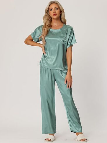 cheibear Womens Satin Pajamas Sleepwear Summer Outfits Short Sleeves Tops with Pants Silky Lounge Sets in Saudi Arabia