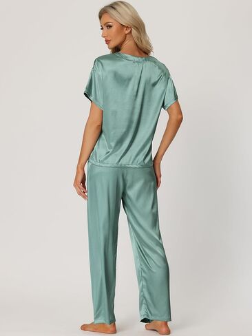 cheibear Womens Satin Pajamas Sleepwear Summer Outfits Short Sleeves Tops with Pants Silky Lounge Sets in Saudi Arabia