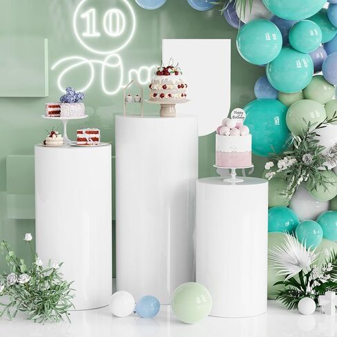 حامل أسطواني معدني من Wokceer للحفلات باللون الأبيض، 3 مجموعات من طاولات أسطوانية حامل بقاعدة للحفلات، عرض أعمدة القاعدة، الحلوى لحفلات الزفاف، وحفلات أعياد الميلاد، وديكور فني in Kuwait