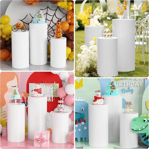 حامل أسطواني معدني من Wokceer للحفلات باللون الأبيض، 3 مجموعات من طاولات أسطوانية حامل بقاعدة للحفلات، عرض أعمدة القاعدة، الحلوى لحفلات الزفاف، وحفلات أعياد الميلاد، وديكور فني in Kuwait