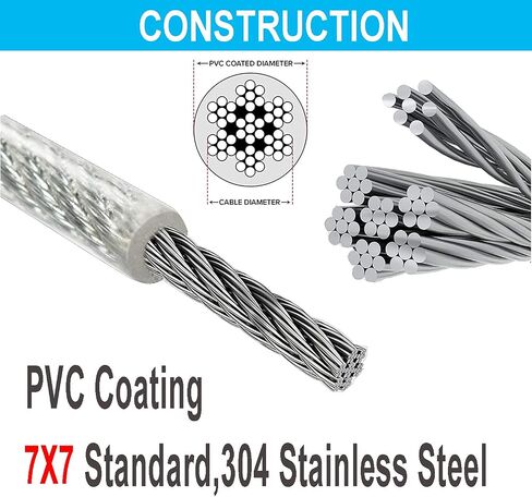 حبل سلك كابل مطلي بالفينيل 100 قدم 1/8 بوصة (3 مم) 304 من الفولاذ المقاوم للصدأ 7 × 7 طلاء PVC قياسي 4/25 بوصة للتزيين في الهواء الطلق، الحديقة، المطبخ، المنزل، الفن، الحرف اليدوية in Kuwait