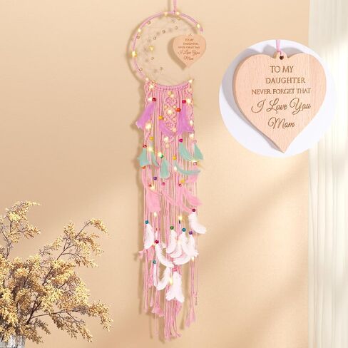 هدايا للابنة، هدايا ابنة من Moon Dream Catchers من الأم، ديكور معلق على الحائط من Boho Macrame مع إضاءة ليلية، ديكور من الريش، هدايا من الأم إلى الابنة، للابنة في القانون. in Kuwait