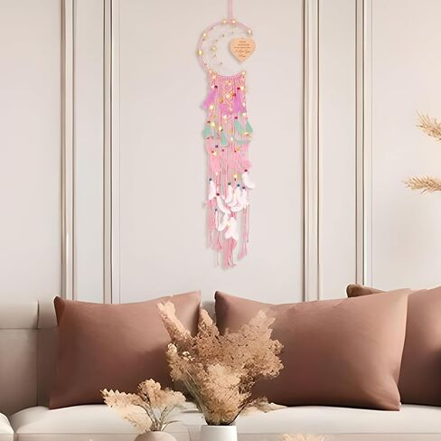 هدايا للابنة، هدايا ابنة من Moon Dream Catchers من الأم، ديكور معلق على الحائط من Boho Macrame مع إضاءة ليلية، ديكور من الريش، هدايا من الأم إلى الابنة، للابنة في القانون. in Kuwait