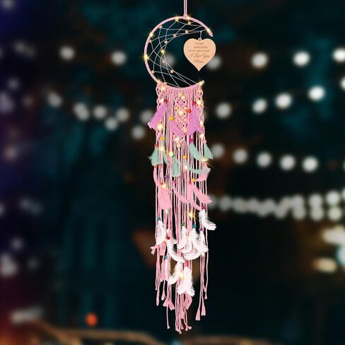 هدايا للابنة، هدايا ابنة من Moon Dream Catchers من الأم، ديكور معلق على الحائط من Boho Macrame مع إضاءة ليلية، ديكور من الريش، هدايا من الأم إلى الابنة، للابنة في القانون. in Kuwait