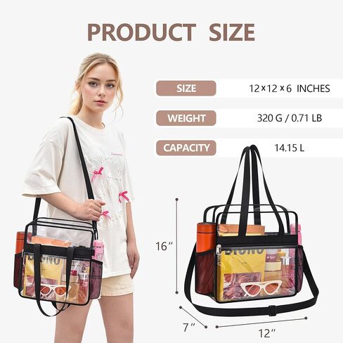 Clear Bag for Stadium Events 12x6x12, Clear Message Bag Stadium Approved with Reinforced Shoulder Straps, Transparent Bag for Sports Events Concert and Festival in Saudi Arabia
