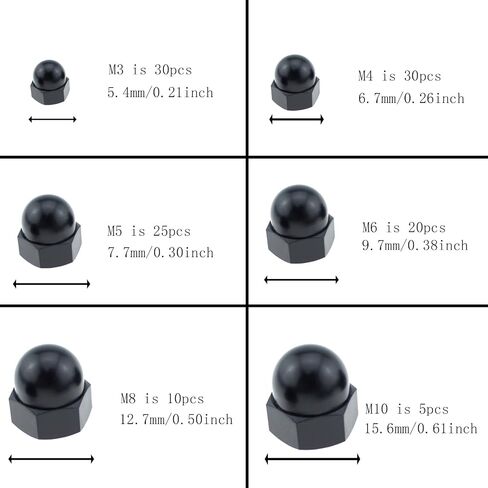 Nylon Acorn Nut SQXBK 120PCS 6 Sizes Black Dome Acorn Bolt Cup Nuts Set, M3, M4, M5, M6, M8, M10,Hex Protector Caps Assortment Kit in Saudi Arabia