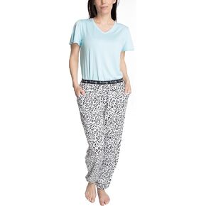 Hanes Women's Step Into Spring Short Sleeve V-neck Top and Jogger Sleep Lounge Set