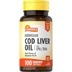 Sundance Norwegian Cod Liver Oil | 100 Softgels | with EPA and DHA | Good Source of Vitamins A & D | Non-GMO and Gluten Free Supplement