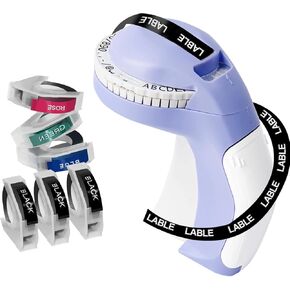 Embossing Label Maker with 6 Tapes, 3D Embosser Handheld Label Machine, Portable Vintage Embossed Label Printer with 6 Rolls Emboss Tapes for Office Home Organization and DIY Crafting（Purple）