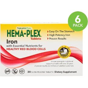 NaturesPlus Hema-Plex Iron - 30 Sustained Release Tablets, Pack of 6-85 mg Elemental Iron - Total Blood Health - with Vitamin C & Bioflavonoids - Vegan, Gluten Free - 180 Total Servings